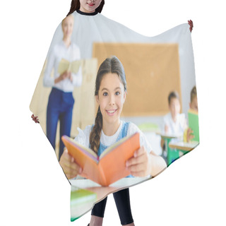 Personality  Beautiful Smiling Schoolgirl Looking At Camera While Reading Book Hair Cutting Cape