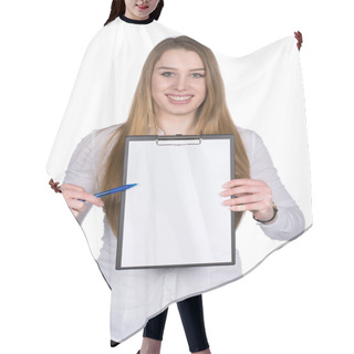 Personality  Young Woman Points To A Clipboard With A Pen Hair Cutting Cape