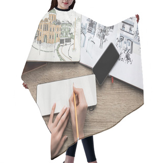 Personality  Top View Of Womans Hands Drawing On Paper, Albums With Paints And Smartphone On Wooden Background Hair Cutting Cape