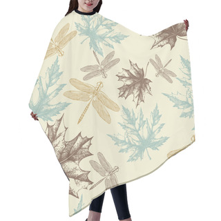 Personality  Seamless Pattern Of Autumn, Maple Leaves And A Dragonfly, Hand-drawing. Vec Hair Cutting Cape