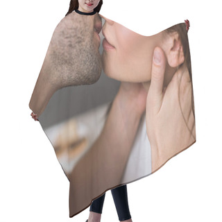 Personality  Cropped View Of Man And Woman Kissing At Home Hair Cutting Cape