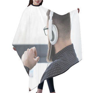 Personality  Partial View Of Man With Smartphone Listening Music In Headphones Hair Cutting Cape