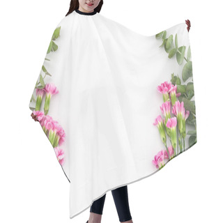 Personality  Baby Eucalyptus Leaves And Pink Carnation Flowers On White Background With Copy Space Hair Cutting Cape