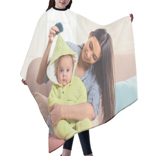 Personality  Portrait Of Happy Woman With Infant Baby At Home Hair Cutting Cape