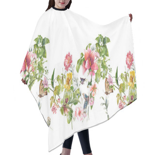 Personality  Watercolor Painting Of Leaf And Flowers, Seamless Pattern On White Background Hair Cutting Cape