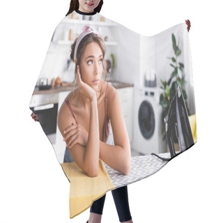 Personality  Dreamy Woman In Headband Looking Away Near T-shirt On Ironing Board At Home  Hair Cutting Cape