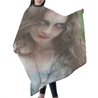 Personality  Beautiful Young Dirty Mad And Manic Looking Girl Wearing Torn Clothes And Smeared With Mud And Dried Blood Looks Crazy Wild Sideways In The Forest. Copy Space. Concept Design. Hair Cutting Cape