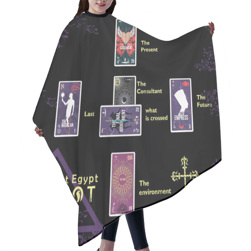 Personality  Ancient Egyptian Tarot. Design Of Several Tarot Cards In An Example Of A Reading Of Cards On A Black Background. Hair Cutting Cape