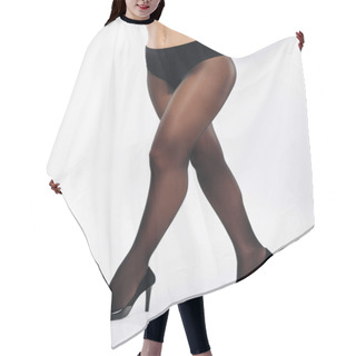 Personality  Sensual Woman In Black Nylon Tights On White Background Hair Cutting Cape