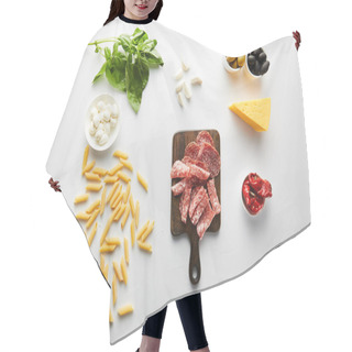 Personality  Top View Of Pasta, Meat Platter, Cheese And Ingredients On White  Hair Cutting Cape