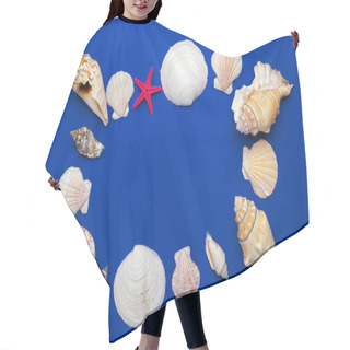 Personality  Shells Background. Frame Of White Seashells, Red Starfish Isolated On Blue Backdrop. Hello Summer Is Coming Concept Hair Cutting Cape