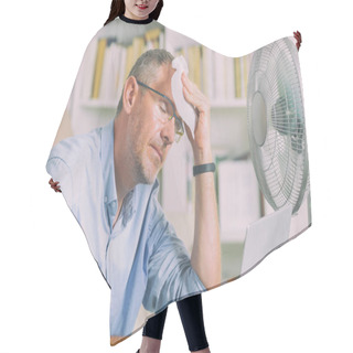 Personality  Man Suffers From Heat While Working In The Office And Tries To Cool Off By The Fan Hair Cutting Cape