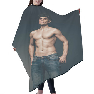 Personality  Sexy Macho In Jeans Posing Isolated On Dark Grey Hair Cutting Cape