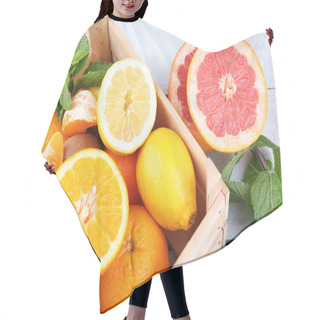 Personality  Fresh Citrus Fruits With Green Leaves In Wooden Box On Color Wooden Background Hair Cutting Cape