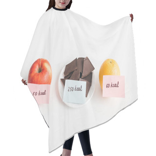 Personality  Fresh Apple, Orange And Chocolate With Calories On Cards On White Background, Calorie Counting Diet Hair Cutting Cape