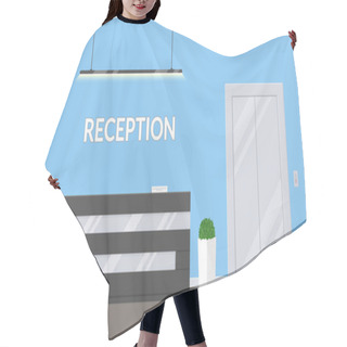 Personality  Reception In Modern Office. Business Office, Clinic Or Hotel Interior In Blue Colors With Elevator And Reception Desk . Interior Lobby Or Waiting Room Inside Building. Hair Cutting Cape