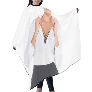Personality  Cropped View Of Attractive Teacher In Blouse With Open Neckline And Black Skirt Isolated On White Hair Cutting Cape