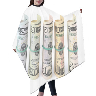 Personality  Dollar Bills Rolled Up And Tied With A Rope. Isolated On White B Hair Cutting Cape