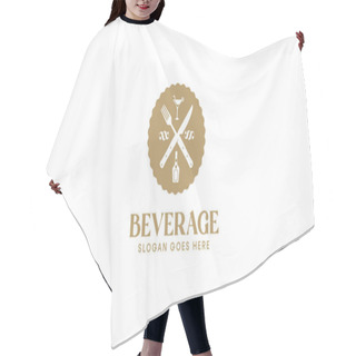 Personality  Vintage Vector Illustration Emblem Logo For A Restaurant Or Beverage, Featuring Drink And Menu Icons, Radiating Sophistication In Gold Hues Against A Pristine White Background. Hair Cutting Cape