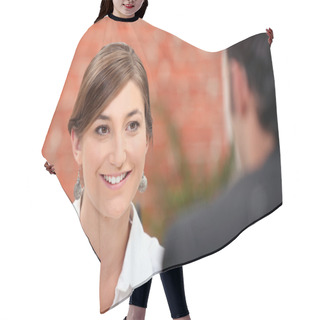 Personality  Woman Smiling At Her Date Hair Cutting Cape