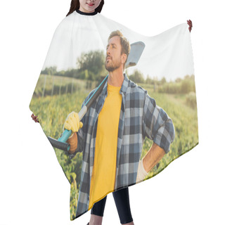 Personality  Rancher In Checkered Shirt Looking Away While Standing With Hand On Hip With Shovel In Field Hair Cutting Cape