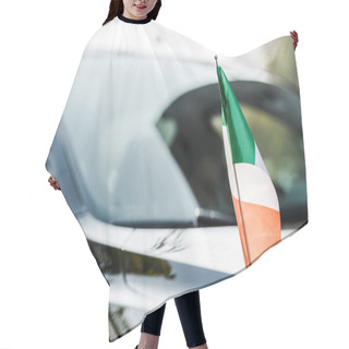Personality  Selective Focus Of Irish Flag Near Modern Black Car  Hair Cutting Cape