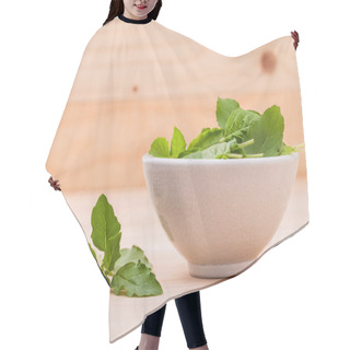 Personality  Alternative Medicine Fresh Holy Basil Leaves On Wooden Backgroun Hair Cutting Cape