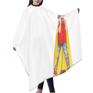 Personality  Shocked Little Supergirl Wearing Yellow Cape And Talking On Phone Isolated On White Hair Cutting Cape