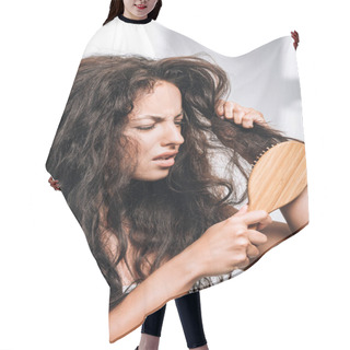 Personality  Confused Brunette Woman Styling Unruly Curly Hair With Hairbrush Hair Cutting Cape
