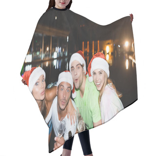 Personality  Friends In Santa Hats Embracing While Holding Champagne And Glasses During Celebration New Year At Night Outdoors  Hair Cutting Cape