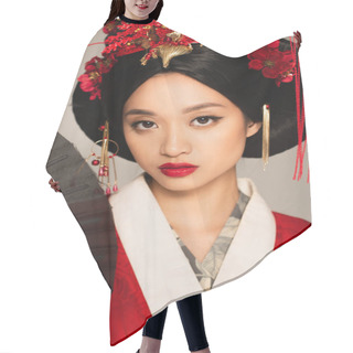 Personality  Asian Woman With Red Lips Holding Black Fan Isolated On Grey  Hair Cutting Cape