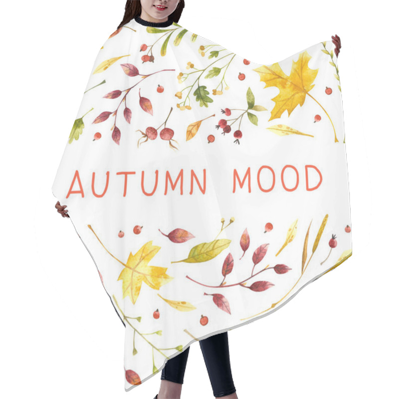 Personality  Autumn Mood  Flat Watercolor  Seamless Pattern.  Wind Blown, Floating Yellow Oak, Maple Leaves. Fall Wildflowers And Cranberry. Seasonal Wild Plants Berries With Lettering. Wallpaper, Wrapping Paper Design Hair Cutting Cape