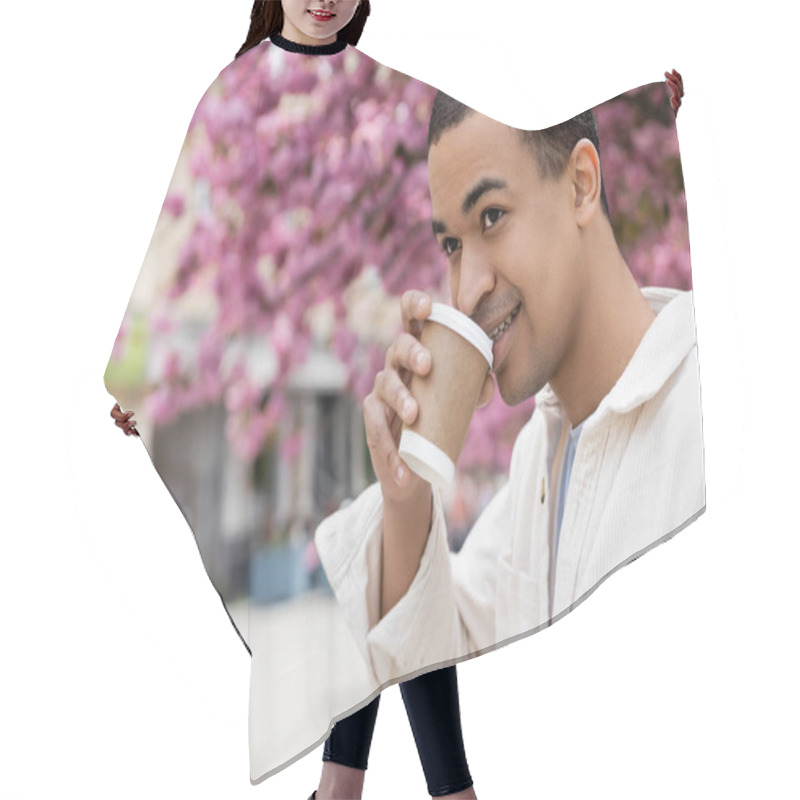 Personality  Happy African American Man Drinking Coffee To Go Near Pink Cherry Tree  Hair Cutting Cape