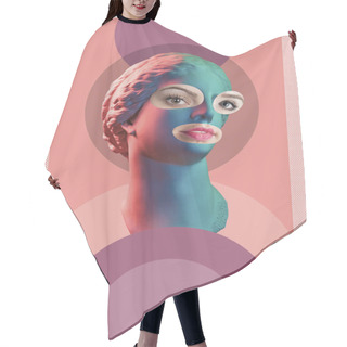 Personality  Contemporary Art Poster With Ancient Statue Of Venus Head And Details Of A Living Womans Face. Hair Cutting Cape