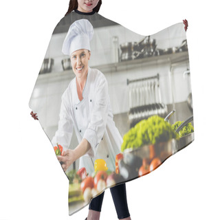 Personality  Smiling Attractive Chef Taking Bowl With Vegetables And Looking At Camera At Restaurant Kitchen Hair Cutting Cape