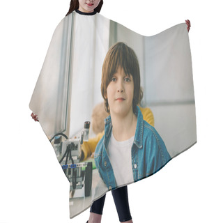 Personality  Little Kid With Diy Robot At Stem Education Class Hair Cutting Cape