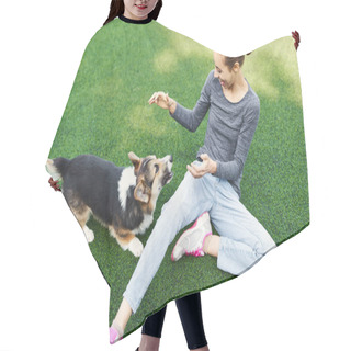 Personality  Funny Welsh Corgi Dog And Smiling Happy Woman Sitting On Grass And Playing Outdoors, Spending Time Together. Concept Friendship With Dog And Human, Dog Walking Hair Cutting Cape