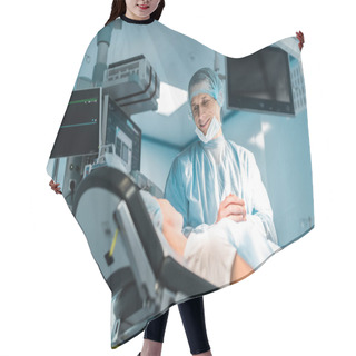 Personality  Bottom View Of Smiling Doctor And Patient Holding Hands In Operating Room Hair Cutting Cape