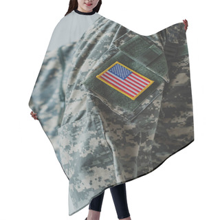 Personality  Cropped View Of American Soldier In Army Uniform Standing With Backpack Isolated On Grey  Hair Cutting Cape