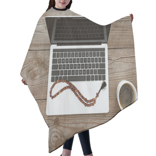 Personality  Top View Of Laptop And Smartphone With Beads And Coffee On Wooden Table Hair Cutting Cape