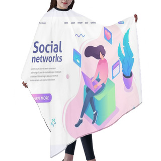 Personality  Young Girl Communicates In A Social Network Via The Laptop. Concept Of Social Networks. 3d Isometric. Landing Page Concepts And Web Design Hair Cutting Cape