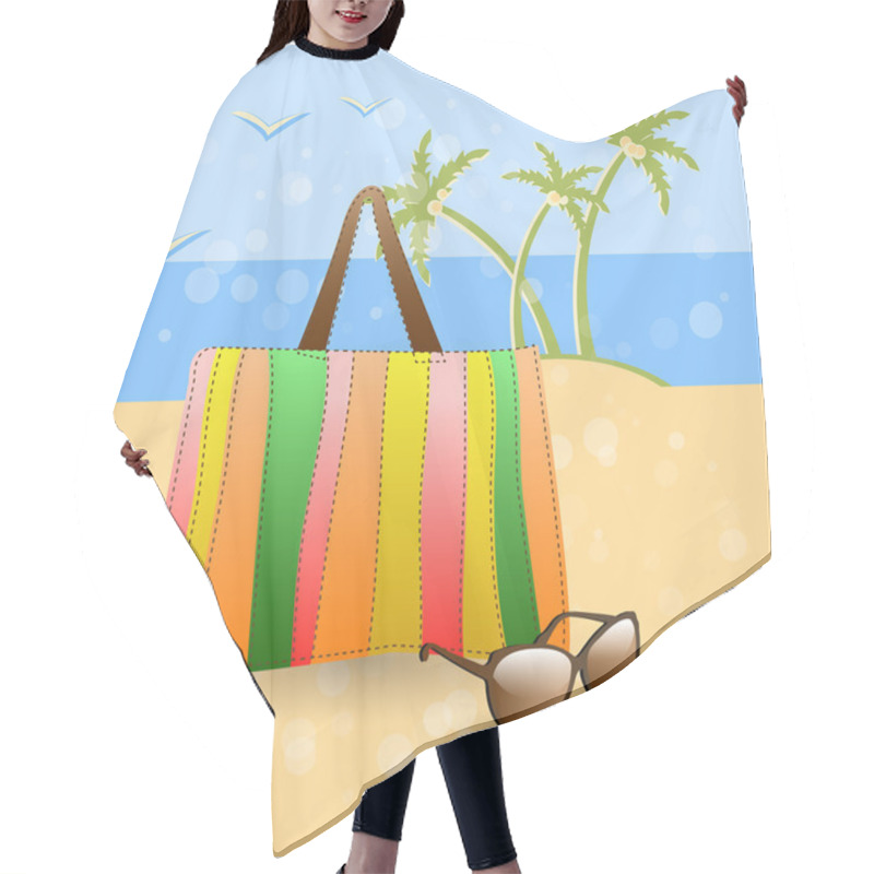 Personality  Summer at the beach - stylish accessories on golden sand at the beach: colorful bag and sunglasses. hair cutting cape