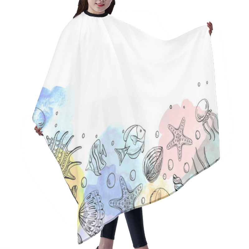 Personality  Composition of seashells, starfish, jellyfish. Underwater world Sea background, Background with copy space. hair cutting cape