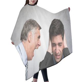 Personality  Angry Businessman Shouting To An Employee Hair Cutting Cape