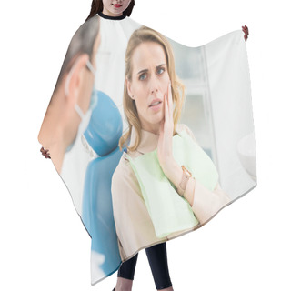 Personality  Female Patient Concerned About Toothache In Modern Dental Clinic Hair Cutting Cape
