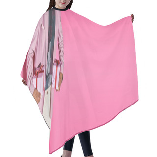 Personality  Cropped View Of Stylish Young Man In Vibrant Outfit With Presents In Hands On Pink Backdrop, Banner Hair Cutting Cape