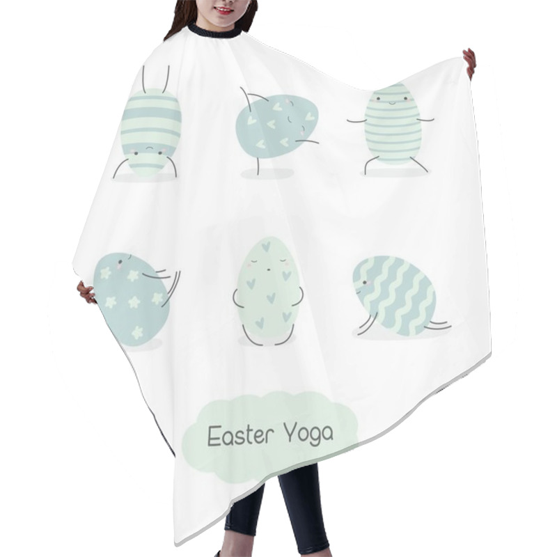 Personality  Set Of Easter Eggs In Kawaii Style . Easter Yoga. Stripes, Waves, Dots, Hearts, Stars. Perfect For Holiday Greetings. Vector Illustration. Hair Cutting Cape