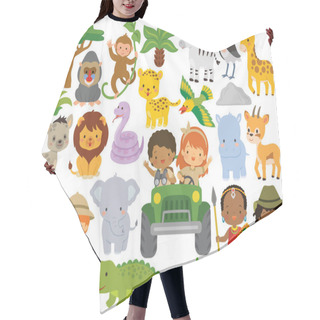 Personality  Safari Animals And Kids. Clipart Set With Wild Animals And People In The African Savanna.  Hair Cutting Cape