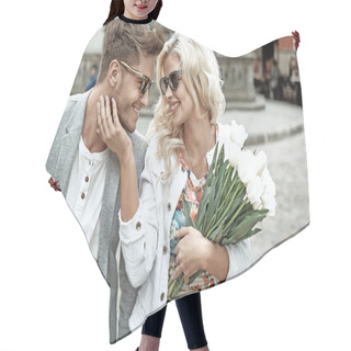 Personality  Portrait Of A Young Couple On First A Date Hair Cutting Cape
