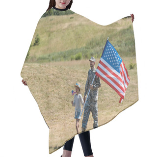 Personality  Military Man And Happy Patriotic Kid Walking And Holding American Flags  Hair Cutting Cape